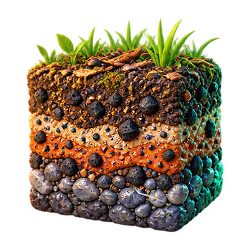 Cross section of earth layers with soil strata and green grass isolated on white background