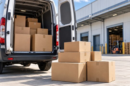 A white cargo van filled with cardboard boxes parked outside a large warehouse loading dock facility.