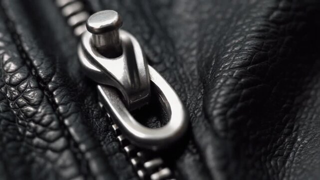 Close up view of silver zipper on black leather jacket