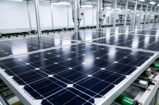 A solar panel manufacturing facility showing rows of photovoltaic modules moving along conveyors.