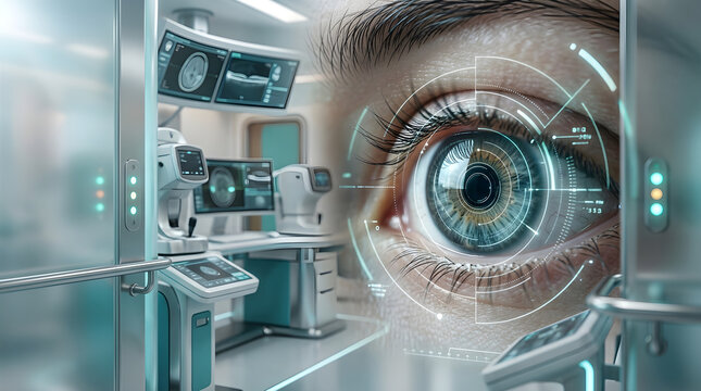 Human eye with digital biometric scan data for advanced ophthalmology, healthcare technology, and medical diagnosis.