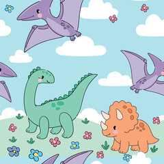 Cute Dinosaur Seamless Pattern with Flying Pterodactyls and Flowers for Kids © Alsu Art