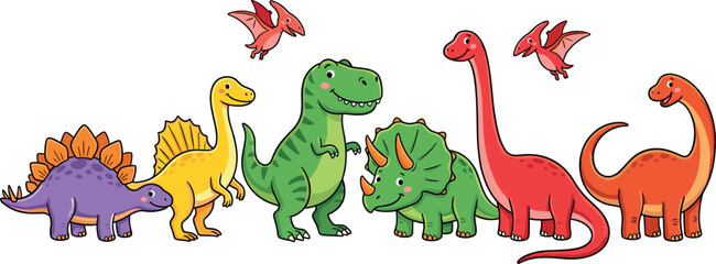 Cute Cartoon Dinosaur Character Set Featuring Tyrannosaurus Rex Triceratops Stegosaurus and Pterodactyl Vectors for Kids Designs Nursery Art and Educational Wall Stickers © Rafika