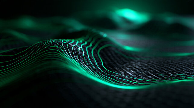 Glowing Green Topographic Contour Lines on Futuristic Dark Surface