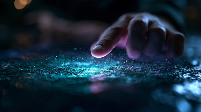 Finger Touching Glowing Interactive Digital Surface with Particles