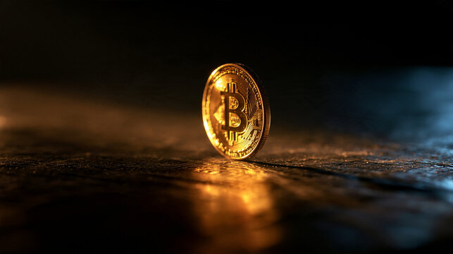 Golden Bitcoin Coin Standing on Dark Reflective Background
