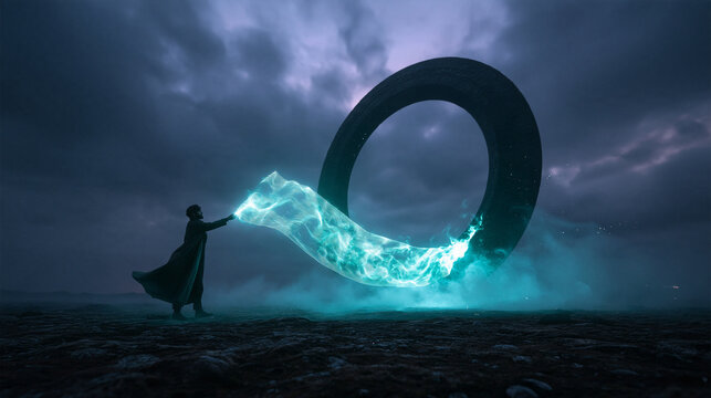Sci-Fi Portal with Cloaked Figure Channeling Glowing Energy