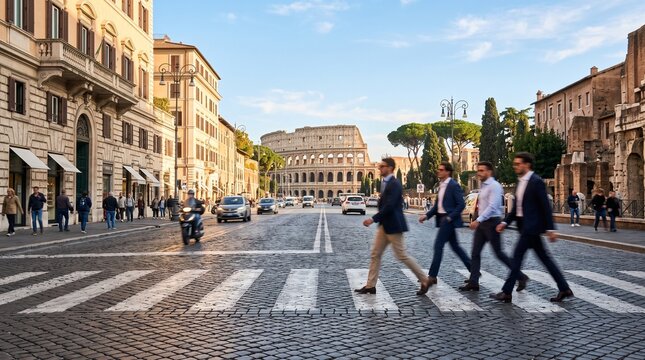 Business Team Crossing Street near Colosseum in Rome