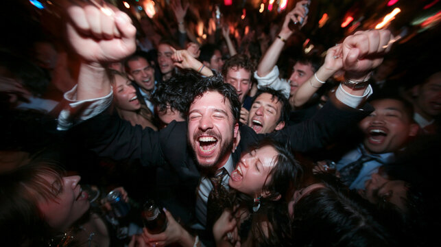 Excited Man Celebrating with Cheering Friends at Party