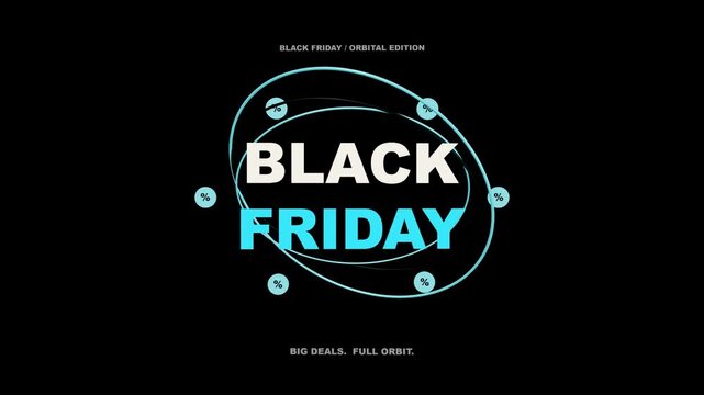 30-second 4K seamless motion graphic. Three dimensional orbital hoops and percent medallions revolve behind a clean cyan and ivory Black Friday title.