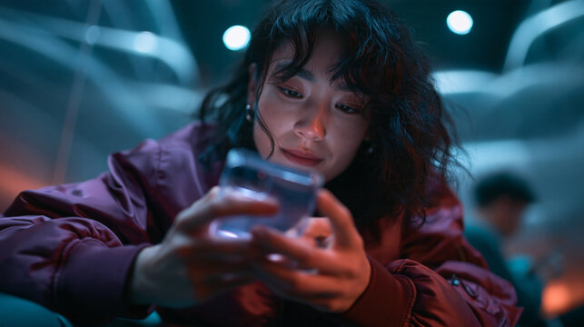 Asian Woman Using Glowing Futuristic Smartphone in Neon Setting