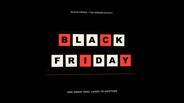30-second 4K seamless motion graphic. Two rows of dimensional letter dominoes rise and tip in a traveling wave to spell Black Friday in red and ivory.