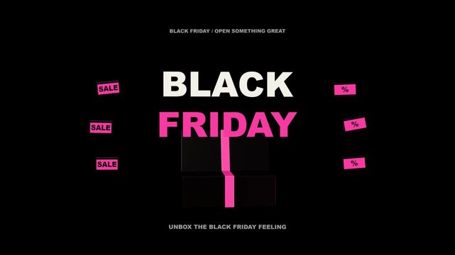 30-second 4K seamless motion graphic. A dimensional gift box opens its lid while a bold Black Friday headline rises above it, with floating decorative retail tags.