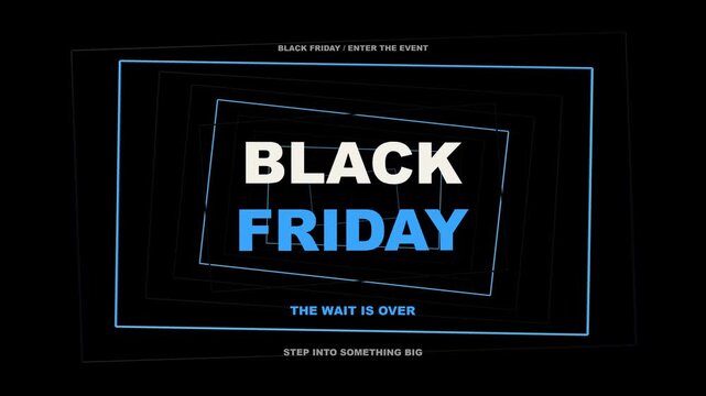 30-second 4K seamless motion graphic. Nested dimensional rectangular frames create a traveling perspective tunnel behind bold ice blue Black Friday typography.
