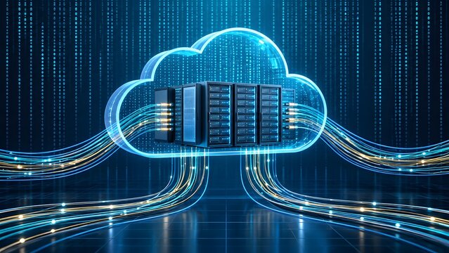 Modern cloud computing infrastructure featuring server racks enclosed in glowing digital cloud with high-speed fiber optic data transmission streams.