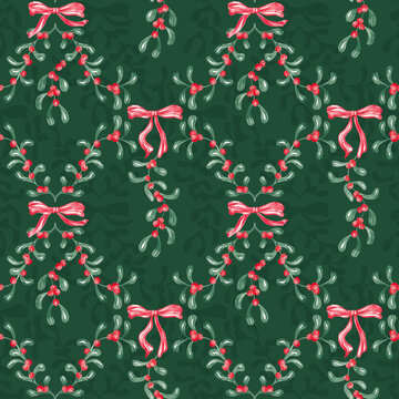 Christmas mistletoe seamless pattern. Traditional Xmas design with watercolor mistletoe branches. Mistletoe leaves and bery digital paper. Classic red green colors