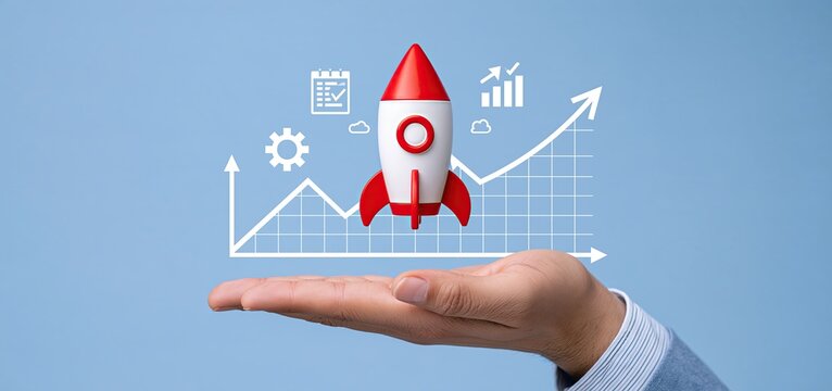 Hand holding rocket model with rising graph and planning icons symbolizing business growth and innovation strategy.