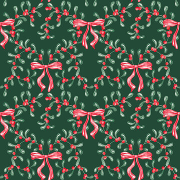 Christmas mistletoe seamless pattern. Traditional Xmas design with watercolor mistletoe branches. Mistletoe leaves and bery digital paper. Classic red green colors