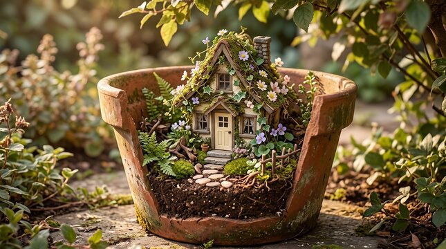 Whimsical Miniature Fairy Garden Cottage Built Inside a Broken Clay Flowerpot with Moss and Tiny Flowers