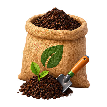 Burlap sack filled with organic potting soil and a small gardening trowel for planting seedlings