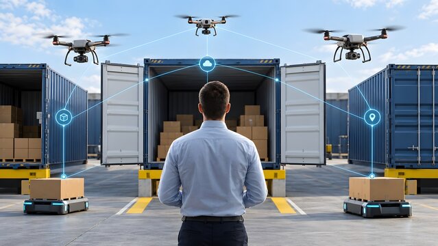Smart logistics manager supervising automated drone delivery network and autonomous cargo vehicles with digital cloud connectivity at a modern shipping container terminal