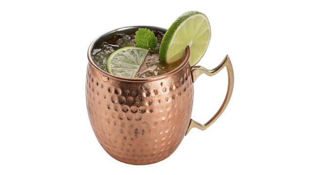 Classic hammered copper moscow mule mug cocktail isolated on transparent background