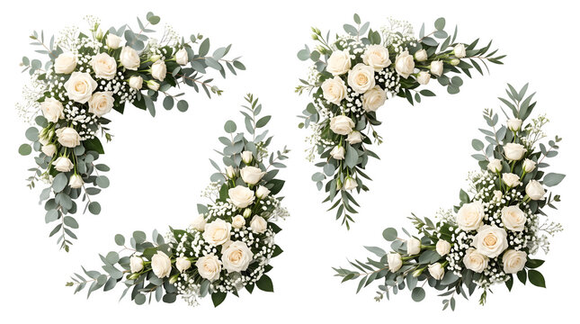 Set of four corner floral arrangements with white roses and eucalyptus leaves isolated on transparent background