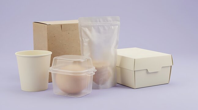 Set of Various Blank Food Packaging Mockups Including Cardboard Boxes, Paper Tub, Stand-up Pouch and Plastic Clamshell Container Isolated on Purple Background for Brand Identity Design