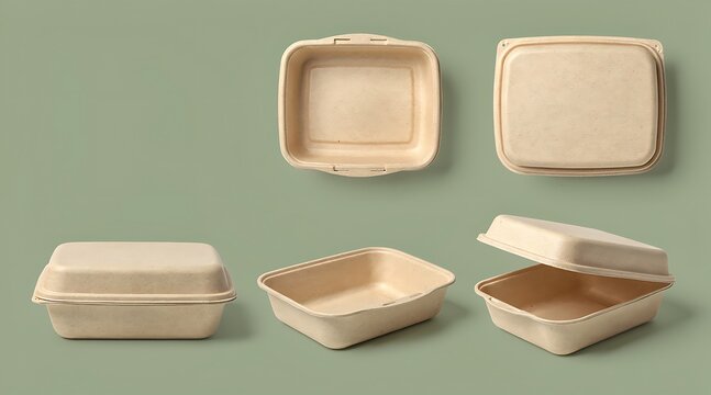 Set of eco-friendly biodegradable food containers made from recycled sugarcane bagasse pulp material, various angles of takeaway boxes on green background for sustainable food packaging design.