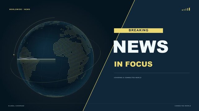 A 10-second 4K breaking news opener in the midnight prism visual style, with a rotating geographic dotted Earth, radar scan, orbital accents and animated headline typography.