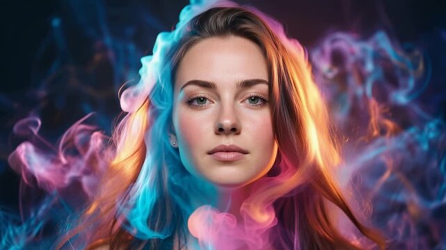 Beautiful young woman emerging gracefully from swirling colorful smoke, surrounded by vibrant abstract flowing shape, 4K video