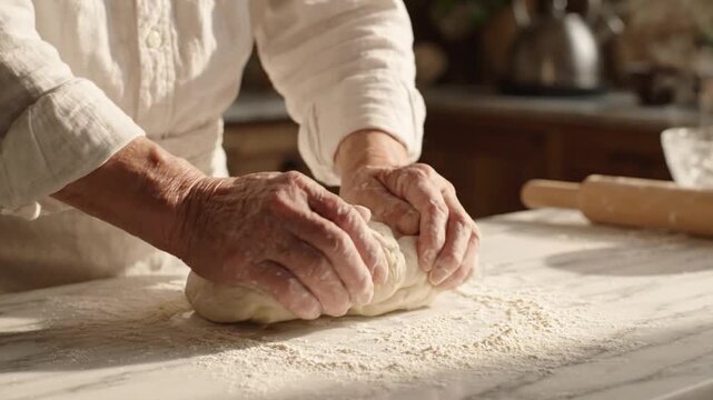 Hands kneading dough on a floured surface preparing bread or pastry