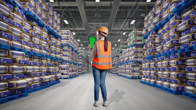 Full Body Back View Of Asian Female Engineer With Safety Helmet Working On A Green Screen Tablet And Looking Around at Warehouse Stacked Cement Bags Pallets
