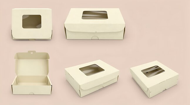 Set of Blank Cream Cardboard Bakery Boxes with Transparent Windows Isolated on Neutral Background, Professional Mockup for Cake, Pastry, and Gift Packaging from Multiple Perspective Angles