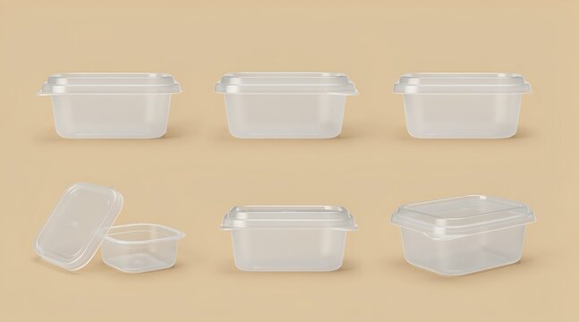 Set of six clear plastic food storage containers with lids shown from various angles for meal prep and packaging mockup, isolated on a clean neutral beige background for product presentation.