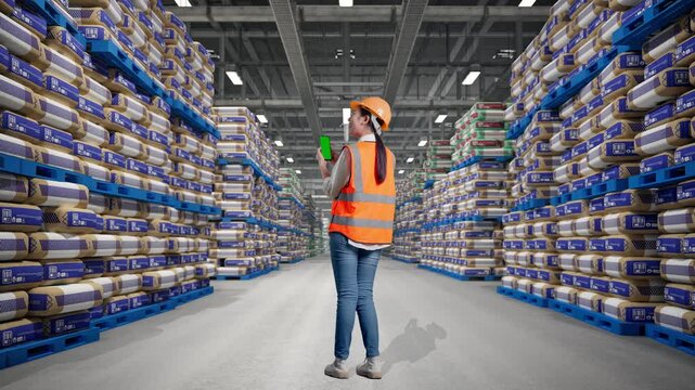 Full Body Back View Of Asian Female Engineer With Safety Helmet Working On A Green Screen Smartphone And Looking Around at Warehouse Stacked Cement Bags Pallets