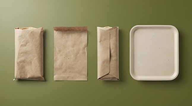 Top view of eco-friendly takeaway food packaging with paper wrapped burritos, kraft paper bag and biodegradable compostable tray isolated on green background for sustainable branding mockup