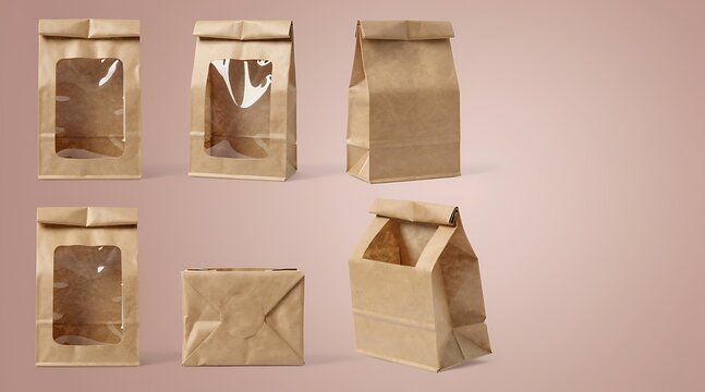 Set of blank brown kraft paper bags with transparent windows for food packaging, bakery items, or retail snacks shown from multiple angles and views, professional product mockup on neutral background