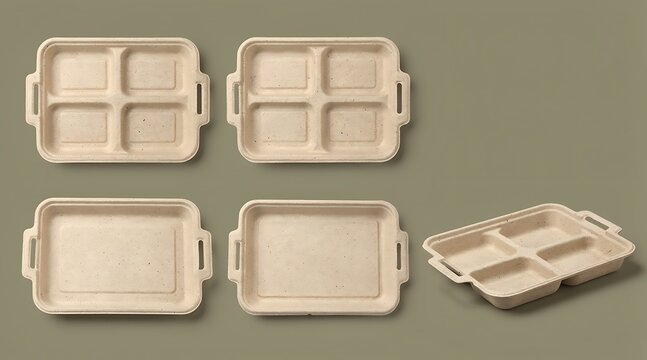 Set of Eco-Friendly Disposable Food Trays Made from Biodegradable Recycled Pulp Material with Multiple Compartments and Side Handles, Sustainable Packaging for Takeout and Catering Services