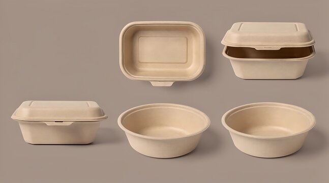 Collection of eco-friendly biodegradable food packaging containers made from molded pulp paper including rectangular clamshell boxes and round bowls for sustainable takeaway and delivery service.