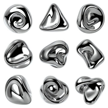 3D Chrome Liquid Metal Abstract Shapes Set isolated on transparent background