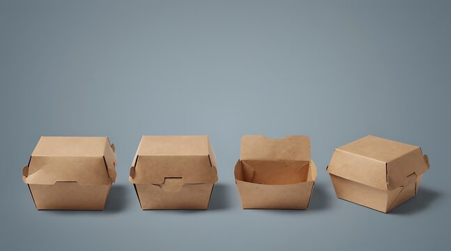 Set of blank brown kraft paper burger boxes in various angles, open and closed empty cardboard food containers for takeaway and delivery mockup, realistic eco-friendly packaging on blue background