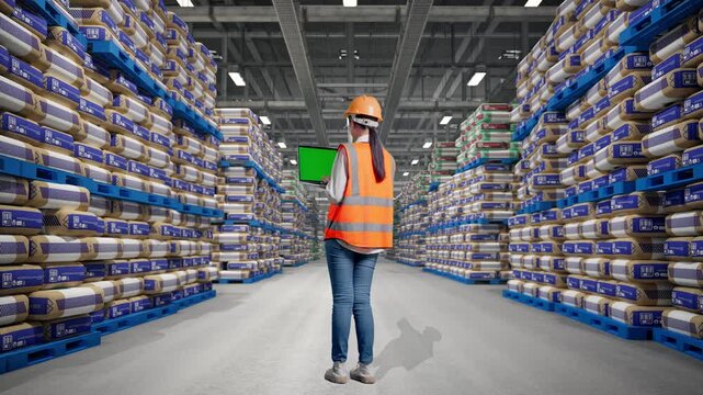 Full Body Back View Of Asian Female Engineer With Safety Helmet Working A Green Screen Laptop at Warehouse Stacked Cement Bags Pallets