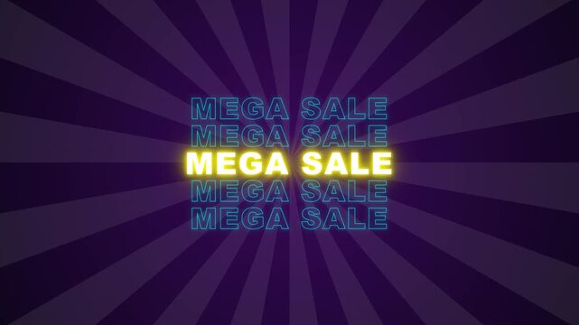 Mega sale glowing neon text on retro sunburst backgrounds