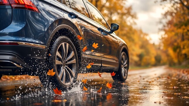 Close Up of Car Wheel Splashing Water on a Wet Autumn Road