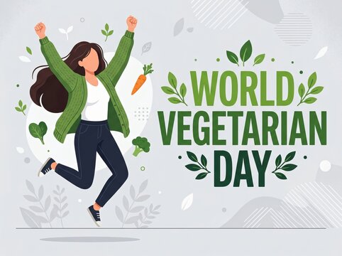 Happy woman jumping to celebrate world vegetarian day with fresh vegetable graphics