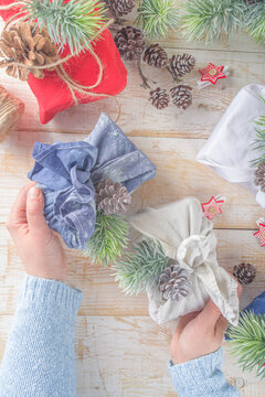 Fabric wrapped Christmas gifts