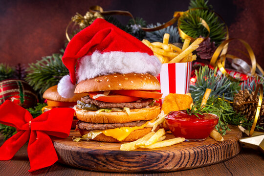 Christmas burger and french fries delivery menu