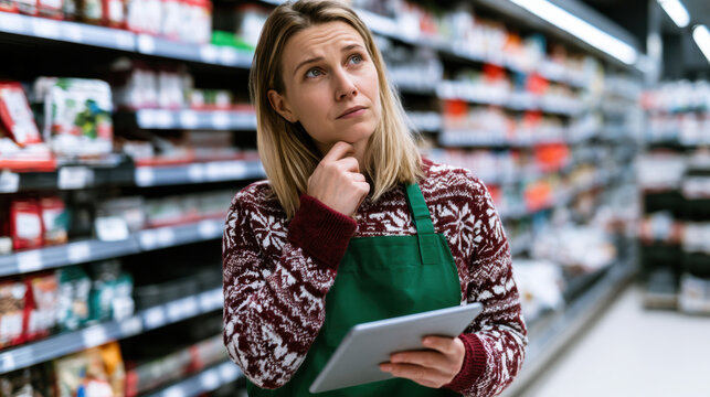 Supermarket employee checking christmas stock with tablet in grocery store aisle while planning seasonal inventory and holiday retail supplies