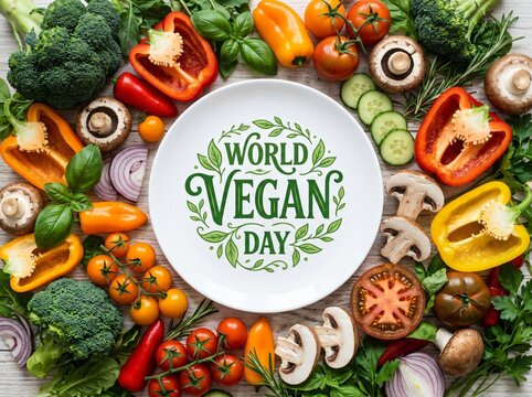 World vegan day text on white dinner plate surrounded by fresh raw vegetables